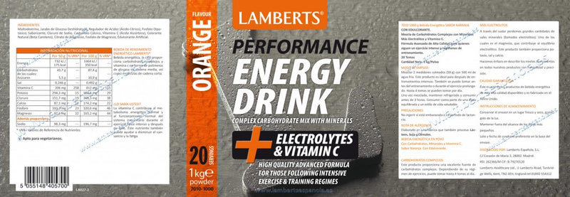 Etiqueta Bebida Energética Sabor Naranja - 1.000 g. Lamberts. Herbolario Salud Mediterranea