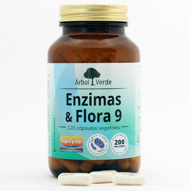 Bote y capsulas de Enzimas & Flora 9 - 120 Cápsulas. Árbol Verde. Herbolario Salud Mediterránea
