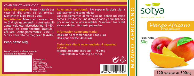 Etiqueta Mango Africano - 120 Cápsulas. Sotya. Herbolario Salud Mediteranea