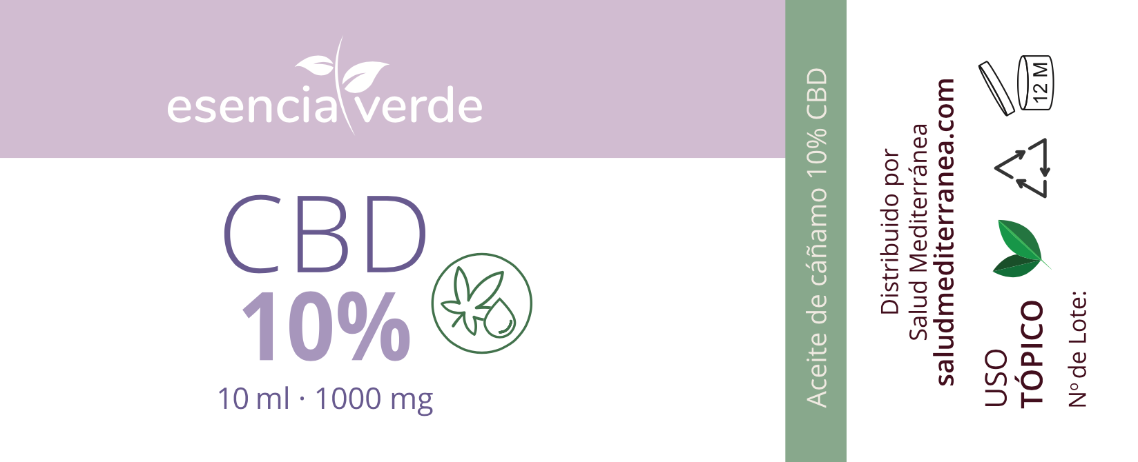 Etiqueta Aceite de CBD 10% - 10 ml. Esencia Verde. Herbolario Salud Mediterranea