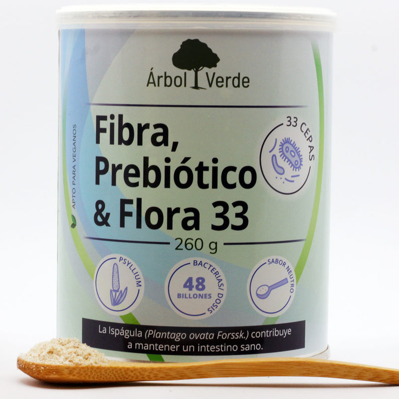 Bote y producto de Fibra + Prebiótico & Flora 33 - 260g. Árbol Verde. Herbolario Salud Mediterránea