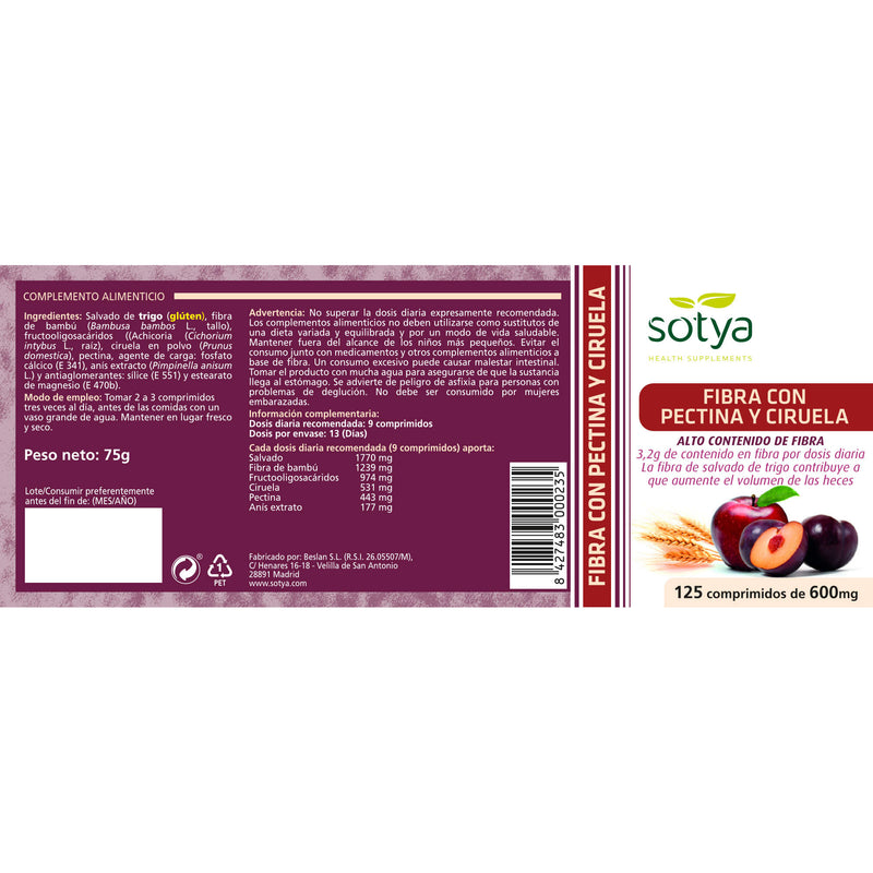 Etiqueta Fibra con Pectina y Ciruela - 125 Comprimidos. Sotya. Herbolario Salud Mediterránea