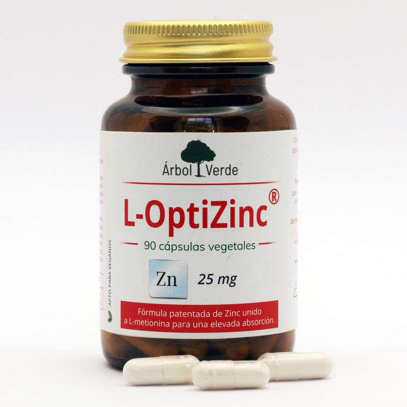 Bote y capsulas de L-Optizinc - 90 Cápsulas. Árbol Verde. Herbolario Salud Mediterránea