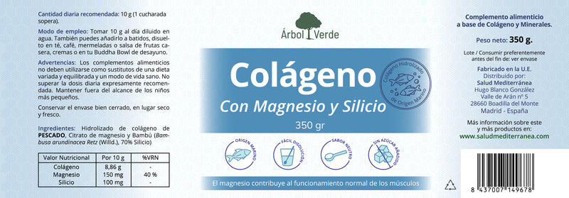 Colágeno Deporte (Colágeno con Magnesio y Silicio) - 350 g en Polvo. Árbol Verde. Herbolario Salud Mediterranea