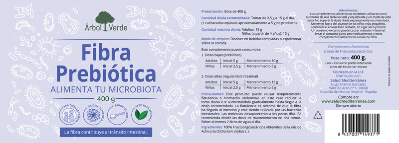 Etiqueta de Fibra Prebiótica (antes F.O.S.) - 400 g. Árbol Verde. Herbolario Salud Mediterranea