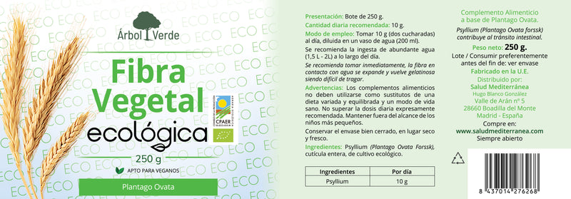 Etiqueta Fibra Vegetal Ecológica - 250 g. Árbol Verde. Herbolario Salud Mediterránea
