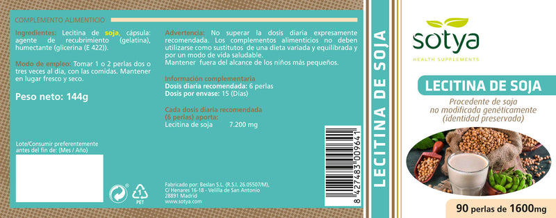 Etiqueta Lecitina de Soja 1600 mg - 90 Perlas. Sotya. Herbolario Salud Mediterranea