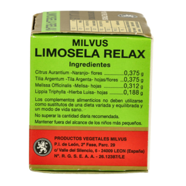  Lateral de caja de Limosela Relax - 10 Filtros. Milvus. Herbolario Salud Mediterránea