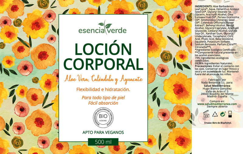Etiqueta Loción Corporal de Aloe Vera, Caléndula y Aguacate BIO - 500 ml. Esencia Verde. Herbolario Salud Mediterránea