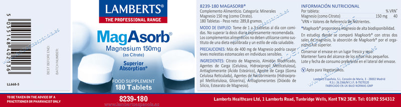 Etiqueta MagAsorb 150 mg - 180 Cápsulas. Lamberts. Herbolario Salud Mediterranea