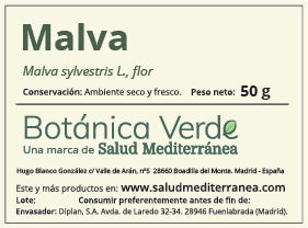Etiqueta de Malva en flor. Planta en bolsa - 50 gr. Botánica Verde. Herbolario Salud Mediterránea