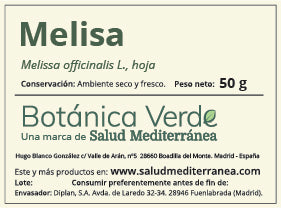 Etiqueta de Melisa en hoja - Bolsa de 50 gr. Botánica Verde. Herbolario Salud Mediterránea