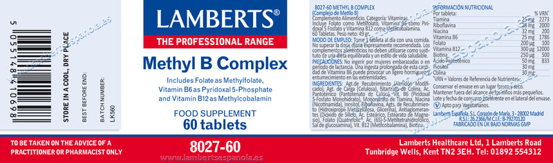 Etiqueta Methyl B Complex - 60 Comprimidos. Lamberts. Herbolario Salud Mediterranea