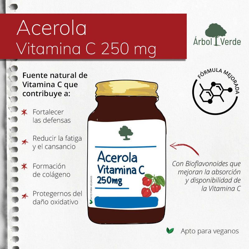 Monografico Acerola Vitamina C 250 mg - 90 Comprimidos. Árbol Verde. Herbolario Salud Mediterranea