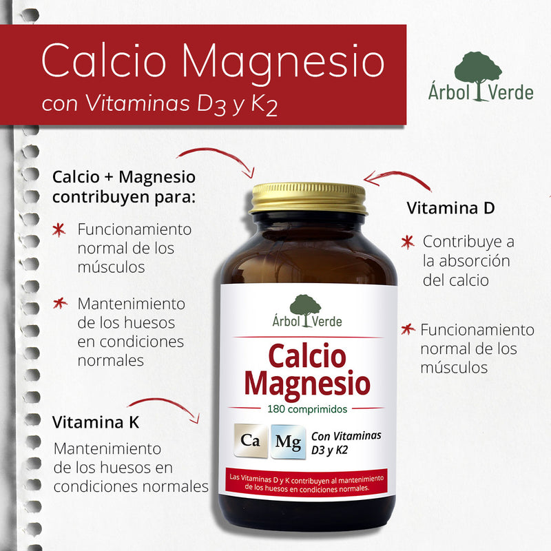 Monografico Calcio Magnesio con Vit D3 y Vit K2 - 180 Comprimidos. Árbol Verde. Herbolario Salud Mediterranea