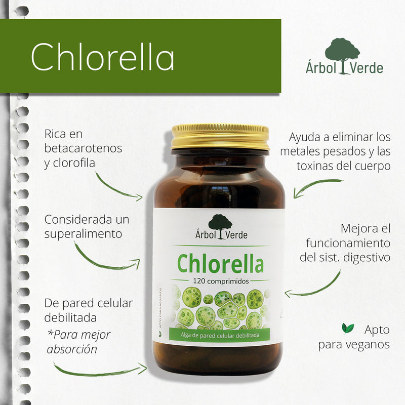 Monografico Chlorella (De pared celular debilitada) - 120 Comprimidos. Árbol Verde. Herbolario Salud Mediterránea