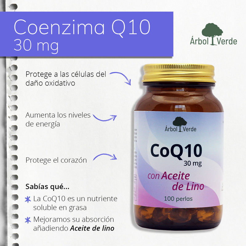 Monografico Coenzima Q10 con Aceite de Lino (30mg de COQ10) - 100 Perlas. Árbol Verde. Herbolario Salud Mediterranea