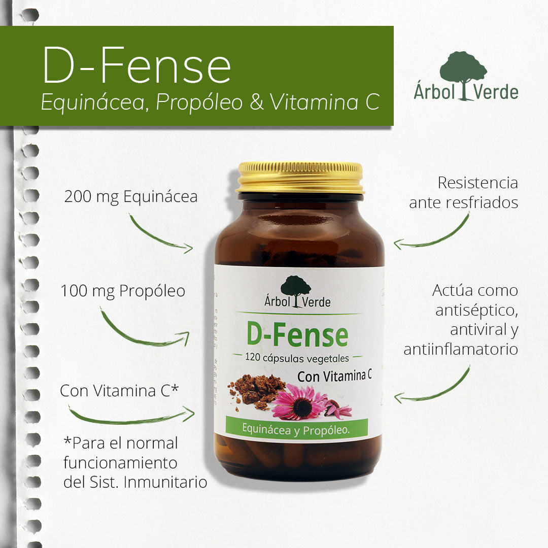 Monografico D-FENSE (Echinácea, Propóleo y Vitamina C) - 120 Cápsulas. Árbol Verde. Herbolario Salud Mediterránea