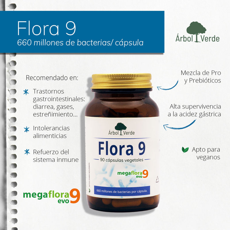 Monografico Flora 9. Mezcla de Pro y Prebióticos - 90 Cápsulas. Árbol Verde. Herbolario Salud Mediterránea