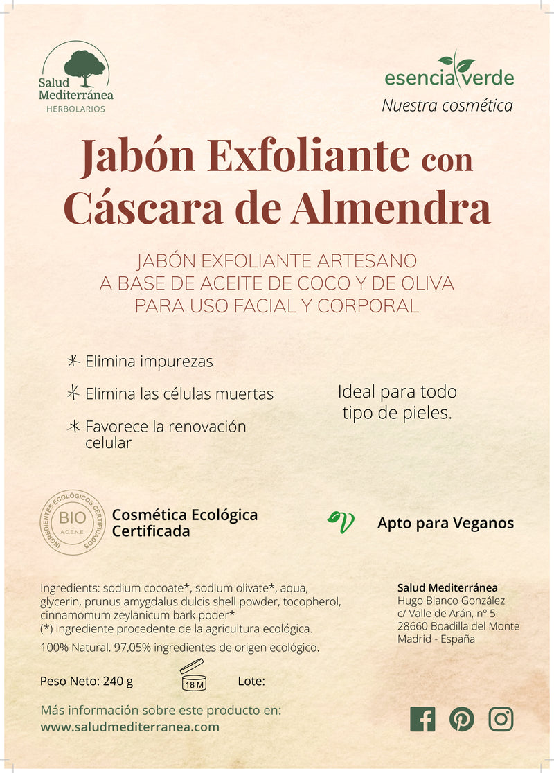 Ingredientes Jabón Exfoliante BIO - 240 gr. Esencia Verde. Herbolario Salud Mediterránea