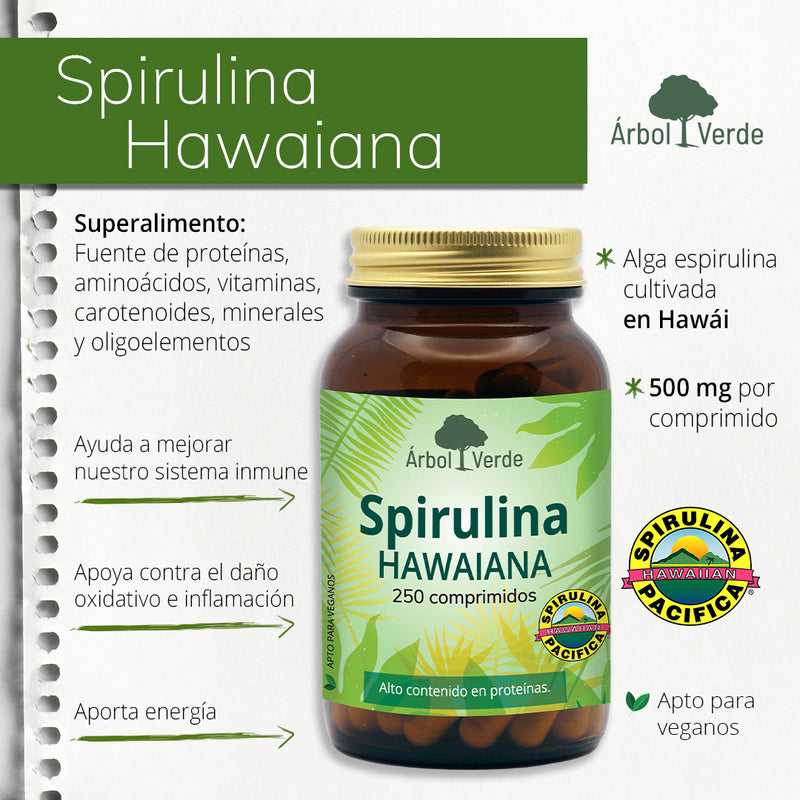 Monografico Spirulina Hawaiana - 250 Comprimidos. Árbol Verde. Herbolario Salud Mediterranea