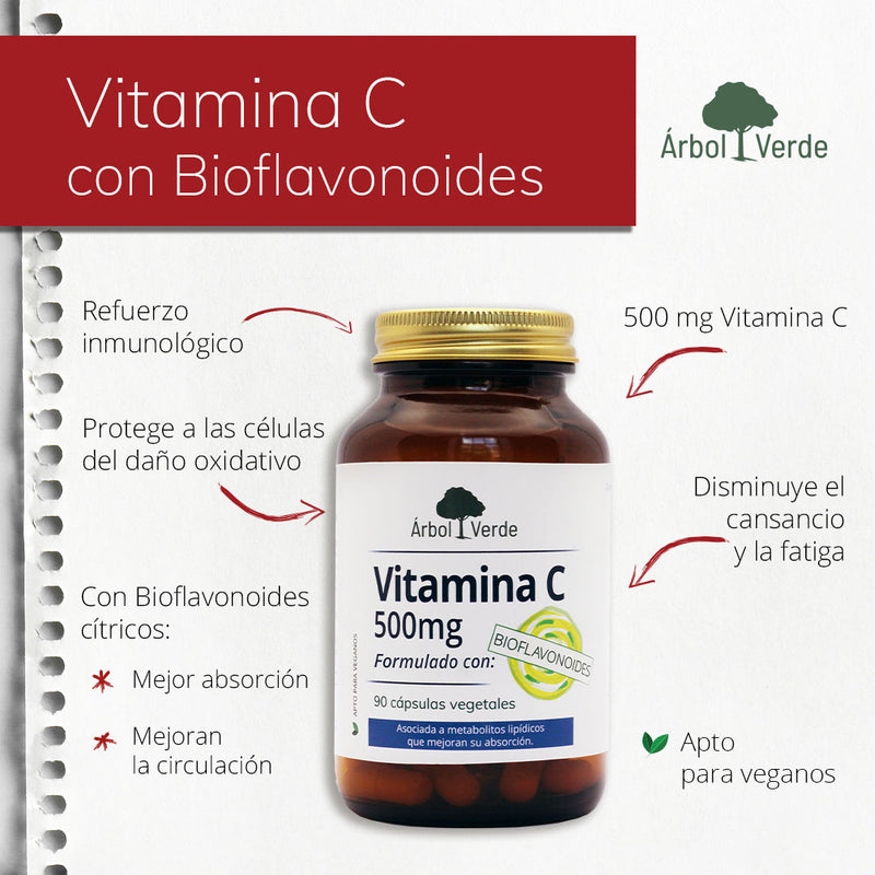Monografico Bote y cápsulas Vitamina C PureWay 500 mg con Bioflavoniodes - 90 Cápsulas. Árbol Verde. Herbolario Salud Mediterránea