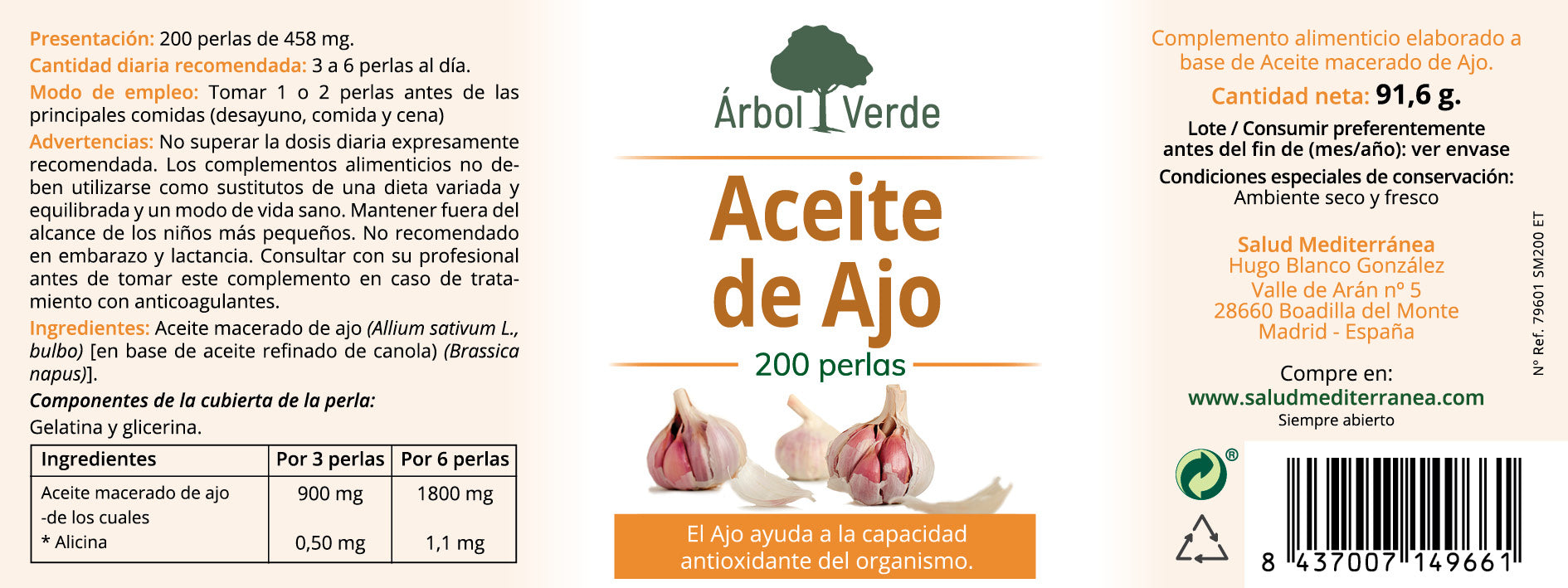 Etiqueta Aceite de Ajo - 200 Perlas. Árbol Verde. Herbolario Salud Mediterránea