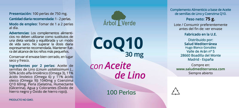 Etiqueta Coenzima Q10 con Aceite de Lino (30mg de COQ10) - 100 Perlas. Árbol Verde. Herbolario Salud Mediterranea
