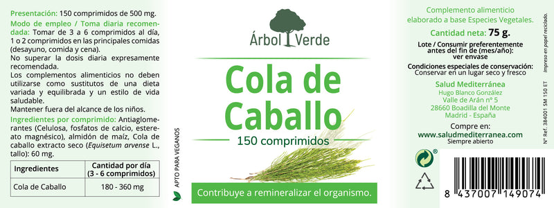 Etiqueta de Cola de Caballo - 150 Comprimidos. Árbol Verde. Herbolario Salud Mediterránea