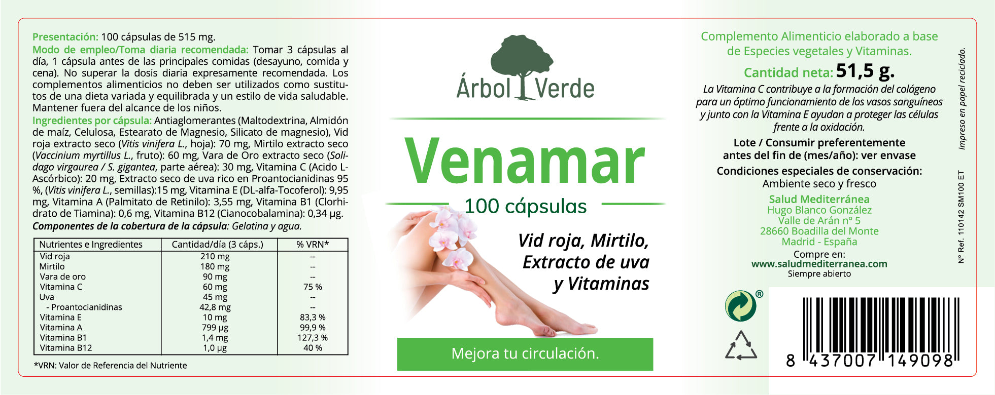 Venamar - 100 Cápsulas. Árbol Verde. Herbolario Salud Mediterránea