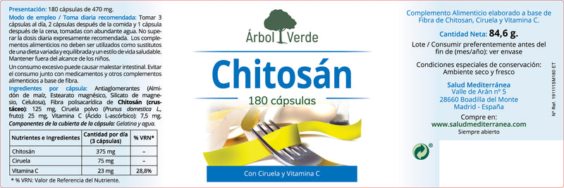 Etiqueta Chitosán - 180 Cápsulas. Árbol Verde. Herbolario Salud Mediterranea