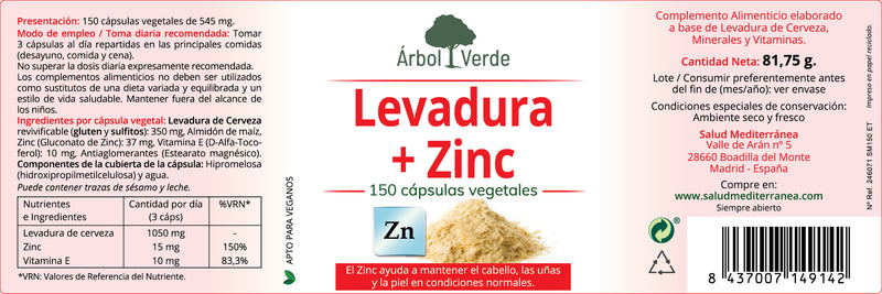 Etiqueta Levadura de Cerveza + Zinc - 150 Cápsulas. Árbol Verde. Herbolario Salud Mediterránea