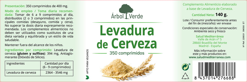 Etiqueta Levadura de Cerveza - 350 Comprimidos. Árbol Verde. Herbolarios Salud Mediterránea.