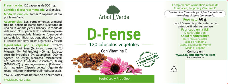 Etiqueta D-FENSE  (Echinácea, Propóleo y Vitamina C) - 120 Cápsulas. Árbol Verde. Herbolario Salud Mediterranea