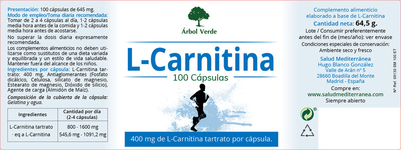 Etiqueta de L-Carnitina - 100 Cápsulas. Árbol Verde. Herbolario Salud Mediterránea