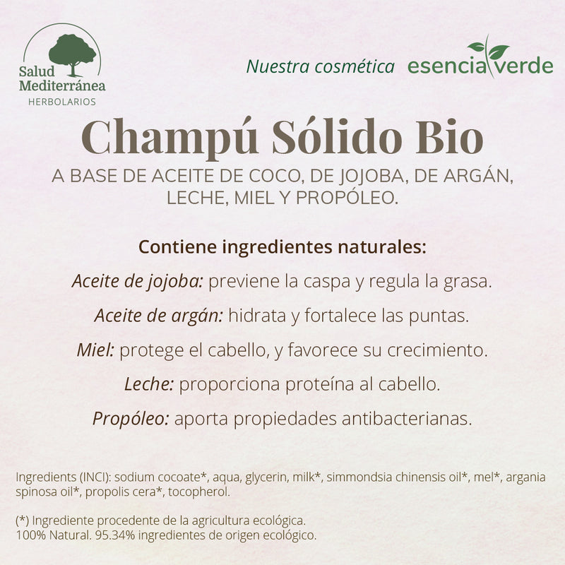 Ingredientes de Champú Sólido BIO - 240 g. Esencia Verde. Herbolario Salud Mediterránea