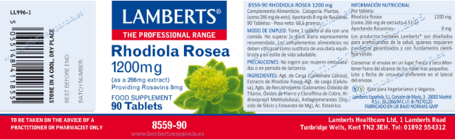 Etiqueta de Rhodiola Rosea 1200 mg - 90 Tabletas. Lamberts. Herbolario Salud Mediterránea