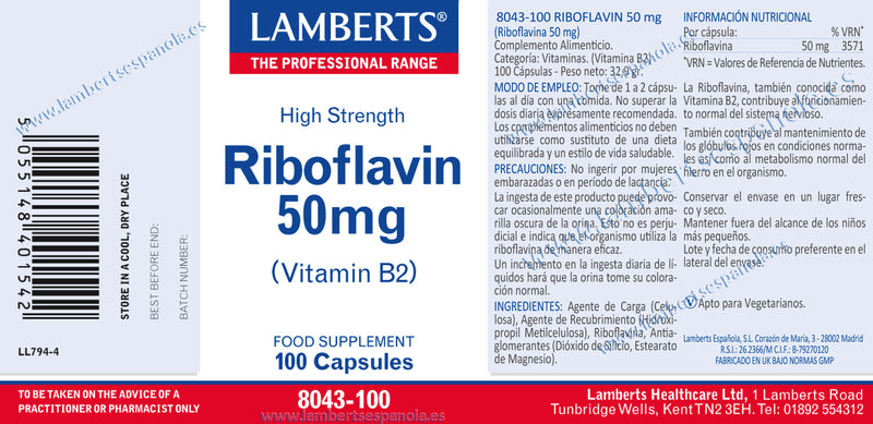 Etiquetas Riboflavina 50 mg - 100 Cápsulas. Lamberts. Herbolario Salud Mediterranea