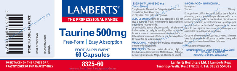 Etiqueta Taurina 500 mg - 60 Cápsulas. Lamberts. Herbolario Salud Mediterranea