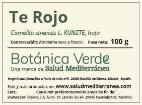 Etiqueta de Té Rojo. Planta en bolsa - 100 gr. Botánica Verde. Herbolario Salud Mediterránea