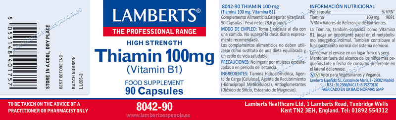 Etiquetas Tiamina 100 mg - 90 Cápsulas. Lamberts. Herbolario Salud Mediterranea