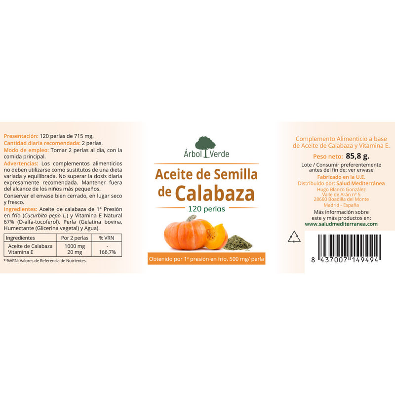 Etiqueta Aceite de Calabaza - 120 Perlas. Árbol Verde. Herbolario Salud Mediterránea