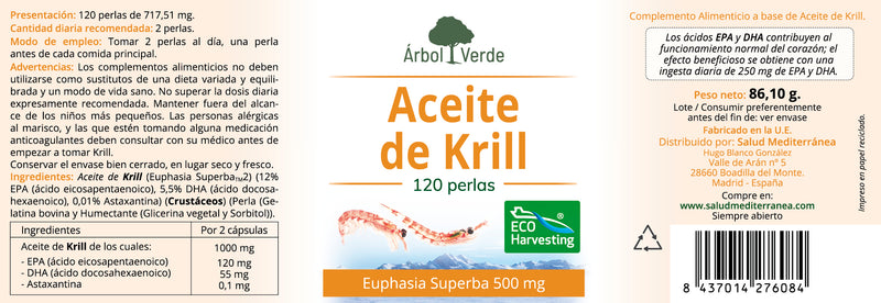 Etiqueta Aceite de Krill - 120 Perlas. Árbol Verde. Herbolario Salud Mediterranea