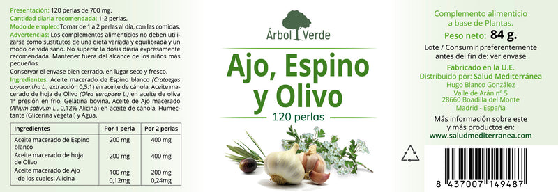 Etiqueta Ajo, Espino y Olivo - 120 Perlas. Árbol Verde. Herbolario Salud Mediterranea