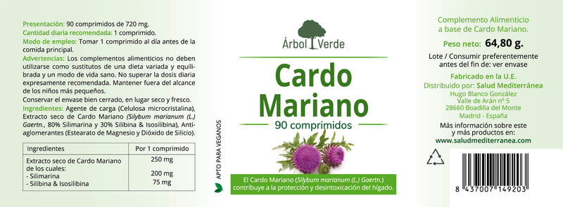 Etiqueta Cardo Mariano - 90 Comprimidos. Árbol Verde. Herbolario Salud Mediterranea