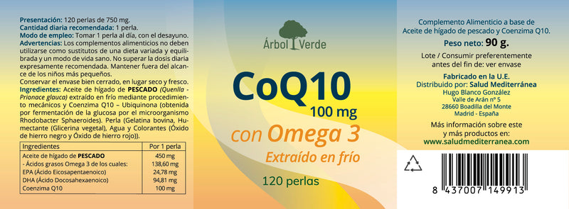 Etiqueta Coenzima Q10 con Omega 3 - 120 Perlas. Árbol Verde. Herbolario Salus Mediterranea