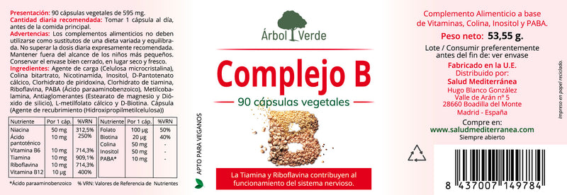 Etiqueta Complejo B - 90 Cápsulas Vegetales. Árbol Verde. Herbolario Salud Mediterranea