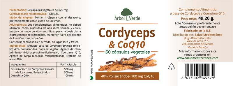 Etiqueta Cordyceps & Coenzima Q10 - 60 Cápsulas. Árbol Verde. Herbolario Salud Mediterranea