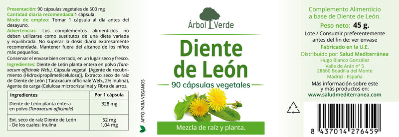 Etiqueta Diente de León - 90 Cápsulas. Árbol Verde. Herbolario Salud Mediterranea