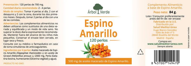 Etiqueta Espino Amarillo - 120 Perlas. Árbol Verde. Herbolario Salud Mediterranea